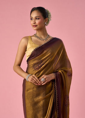 Mohey Women Gold Organza Saree with Print and Stone Work