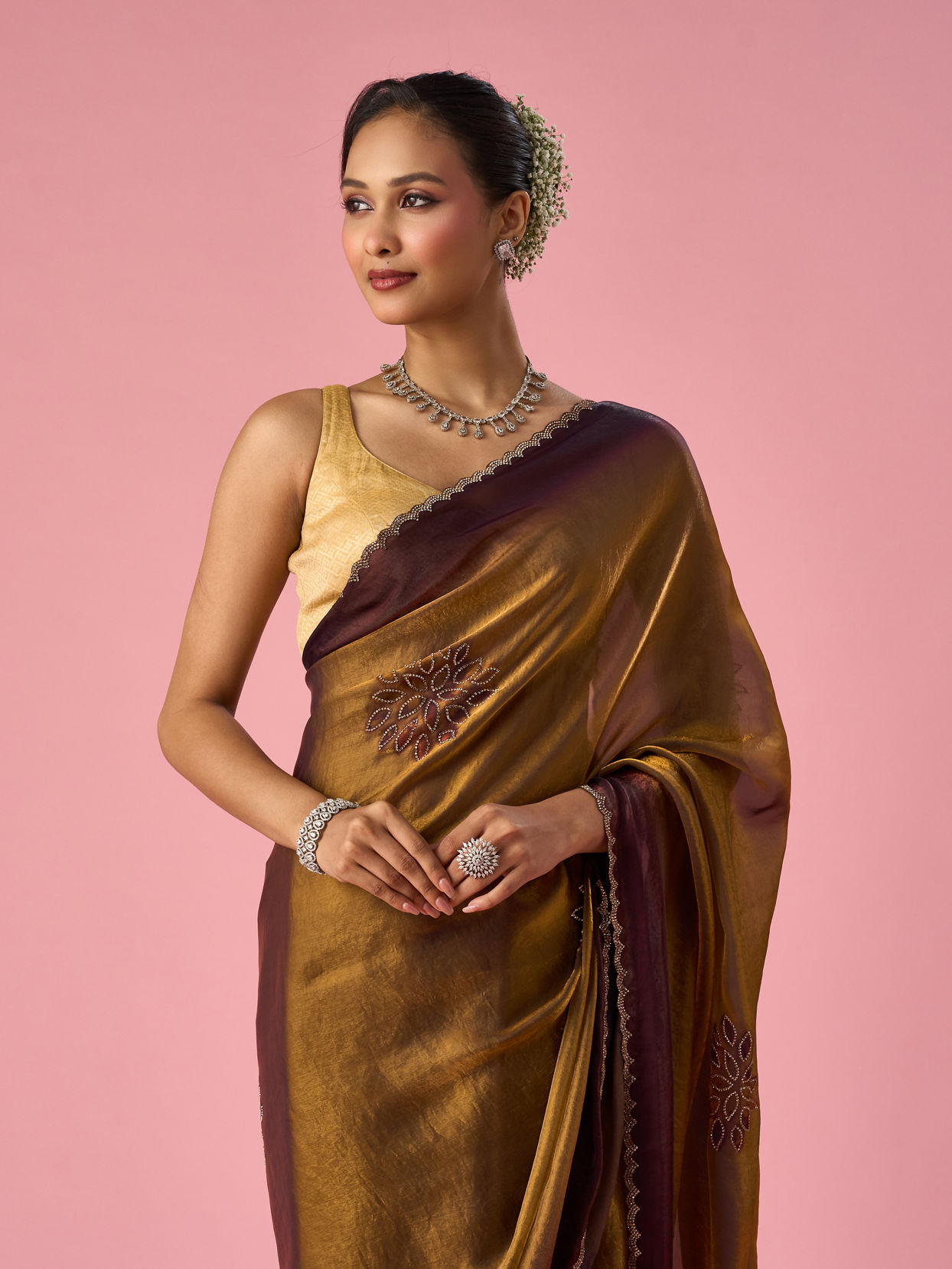 Mohey Women Gold Organza Saree with Print and Stone Work