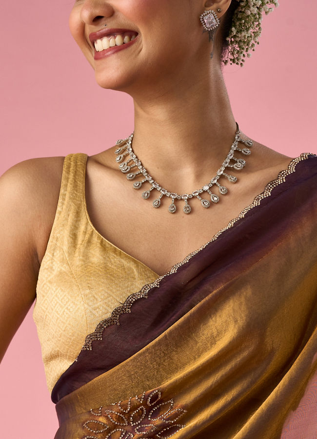 Mohey Women Gold Organza Saree with Print and Stone Work