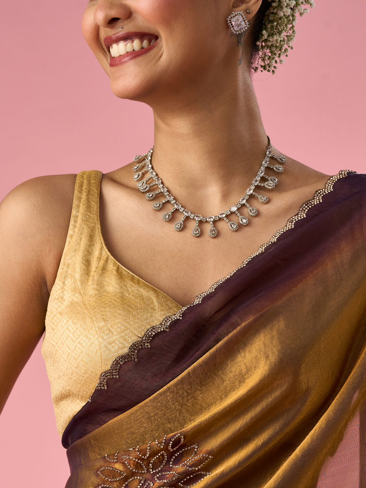 Mohey Women Gold Organza Saree with Print and Stone Work