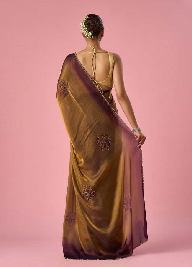 Mohey Women Gold Organza Saree with Print and Stone Work