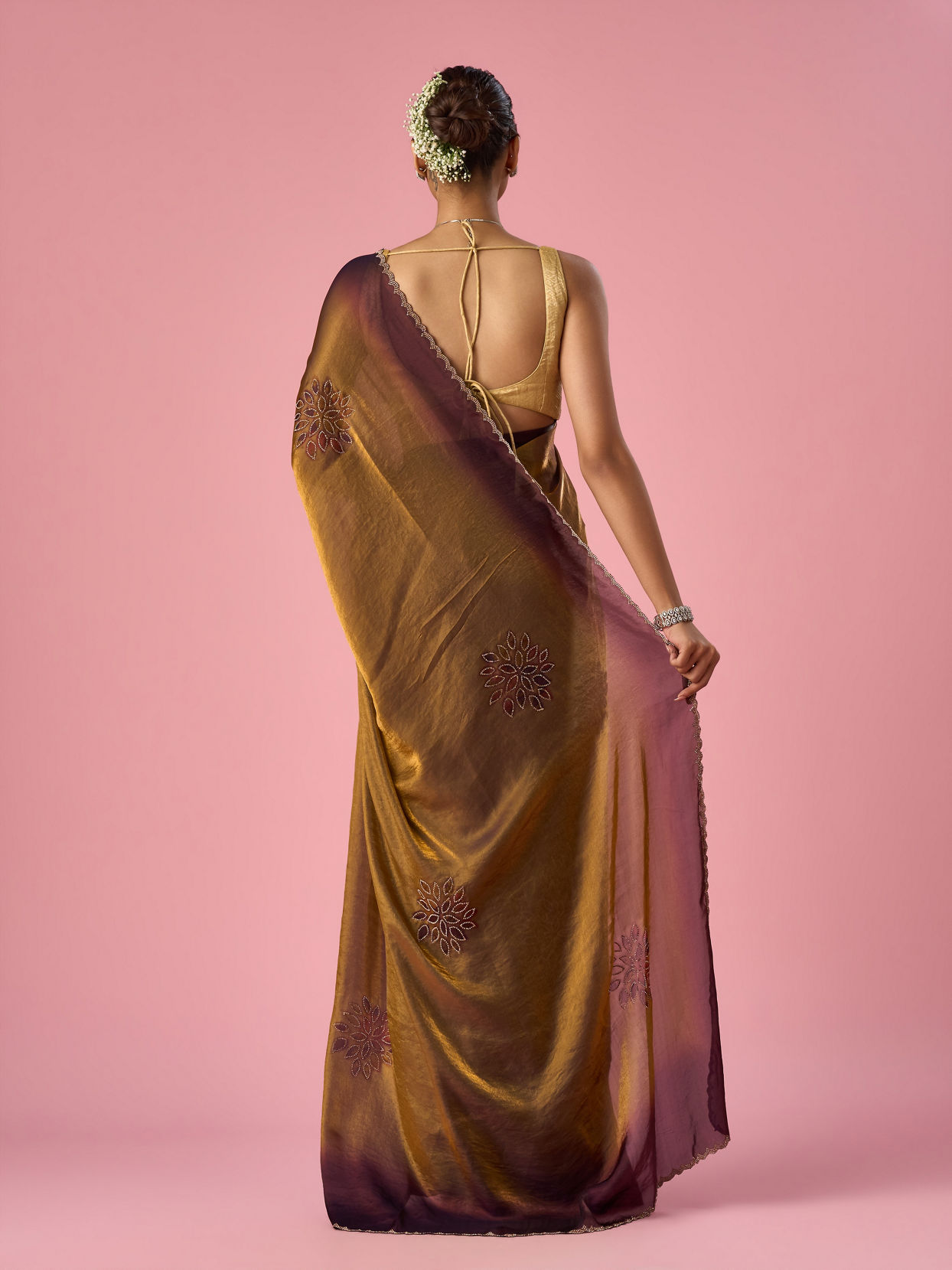 Mohey Women Gold Organza Saree with Print and Stone Work