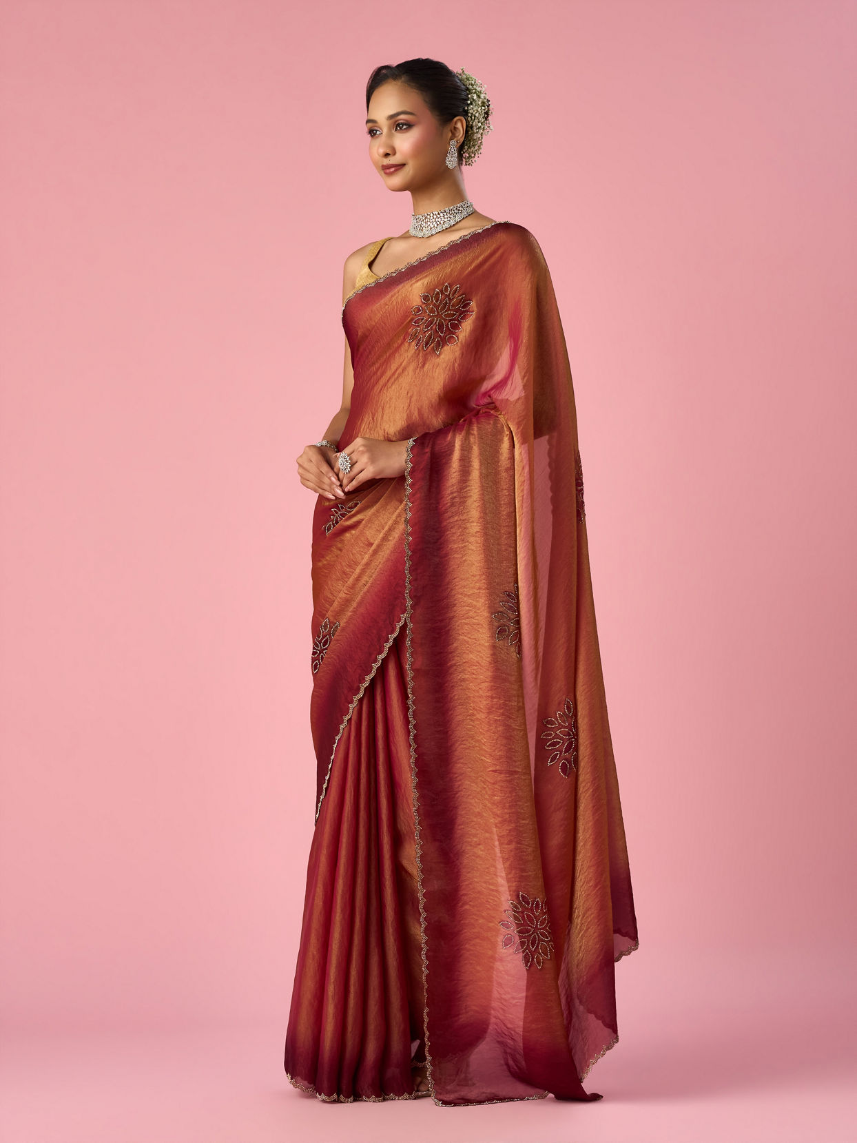 Mohey Women Pink Organza Printed Saree