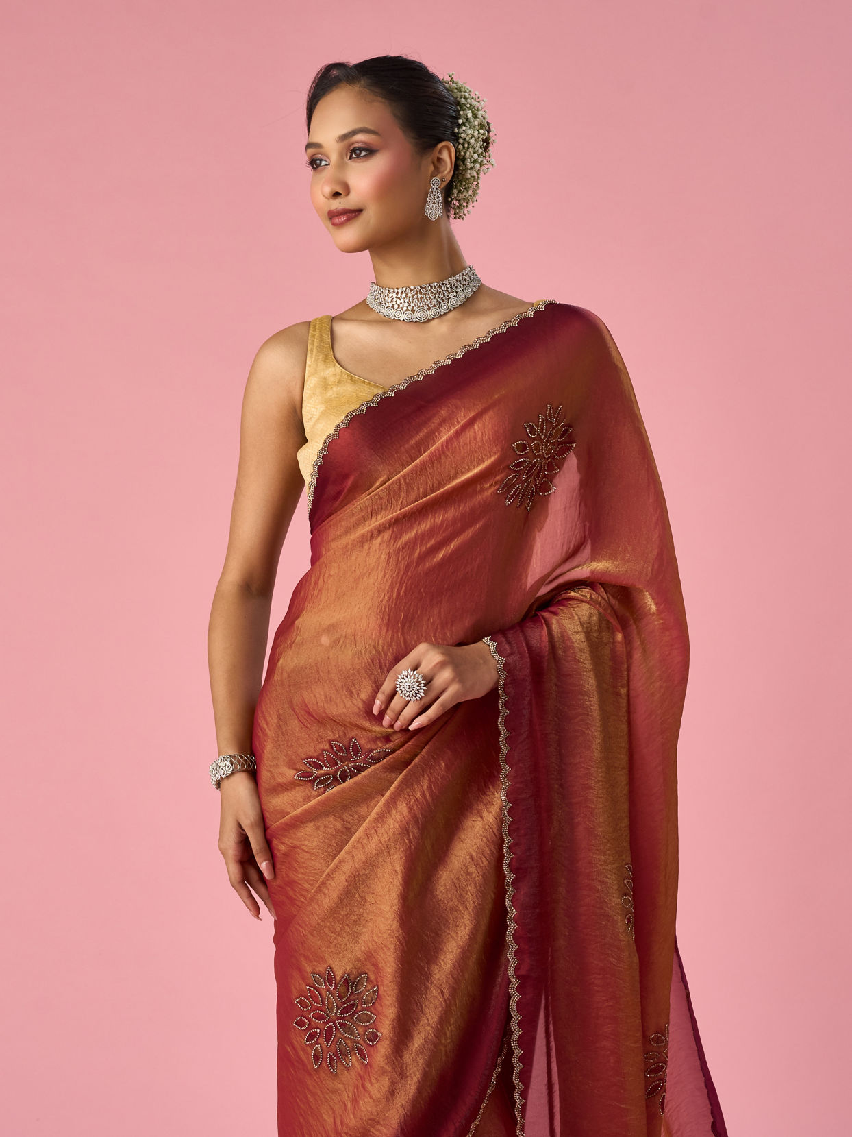 Mohey Women Pink Organza Printed Saree