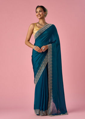 Mohey Women Rama Green Organza Saree with Stone Work