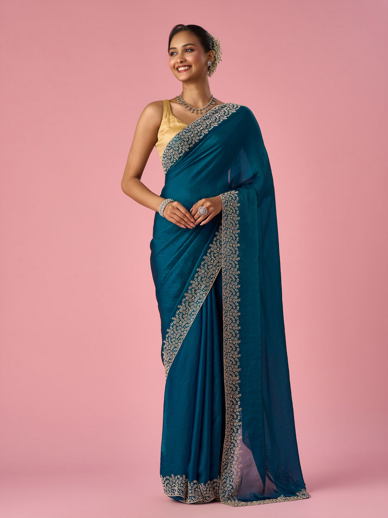 Mohey Women Rama Green Organza Saree with Stone Work