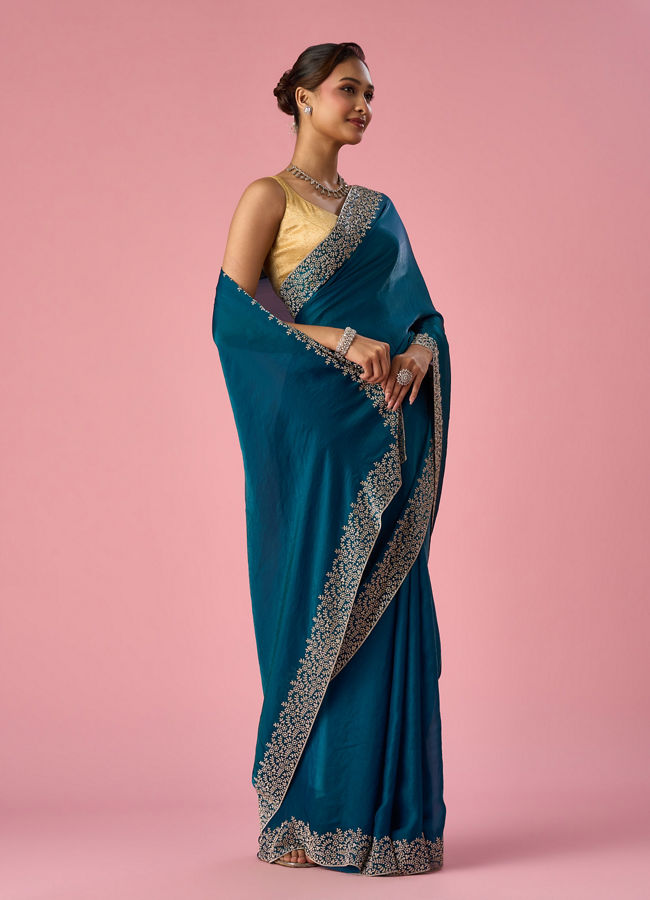 Mohey Women Rama Green Organza Saree with Stone Work