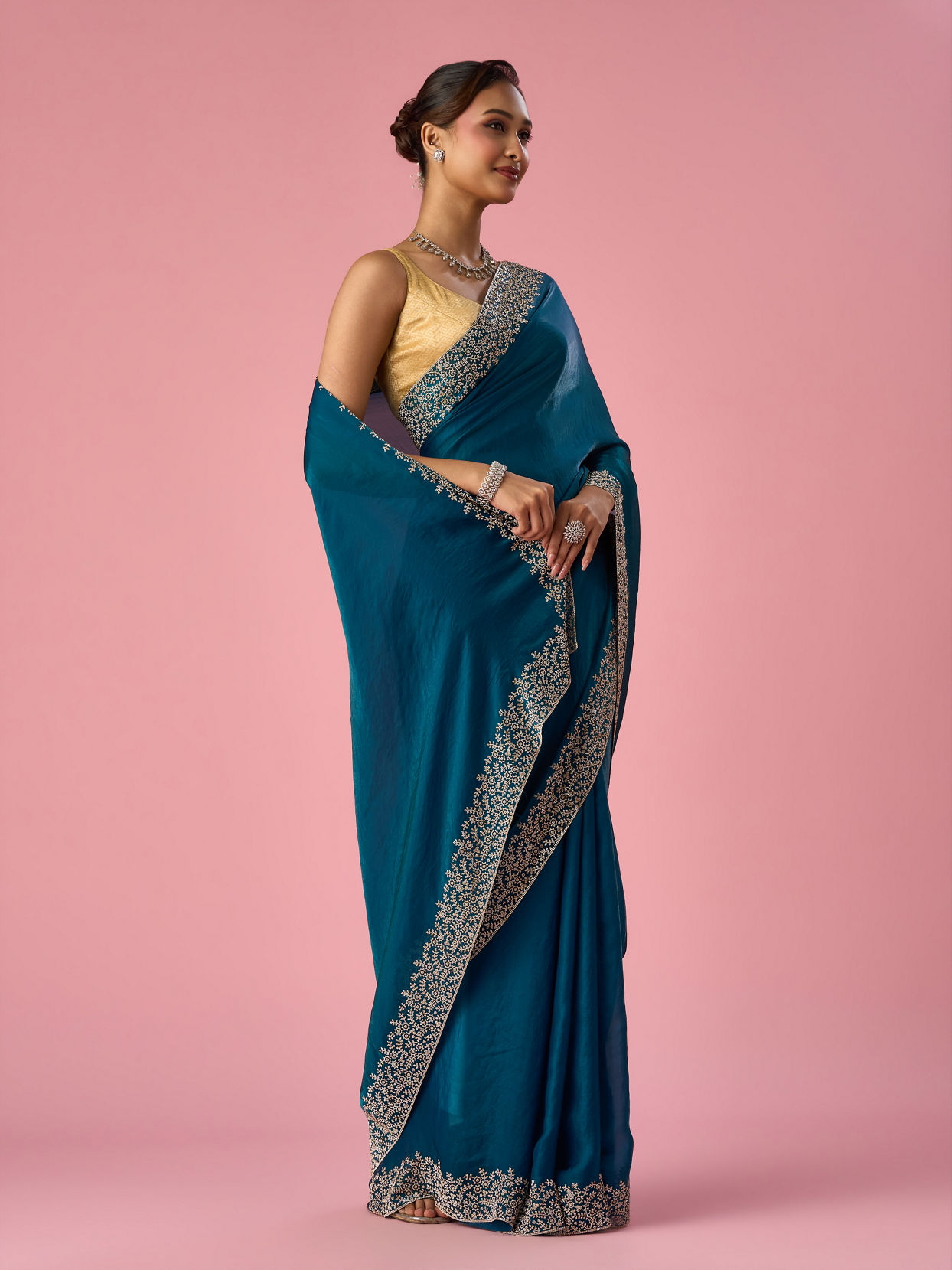 Mohey Women Rama Green Organza Saree with Stone Work