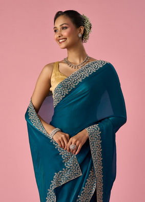 Mohey Women Rama Green Organza Saree with Stone Work