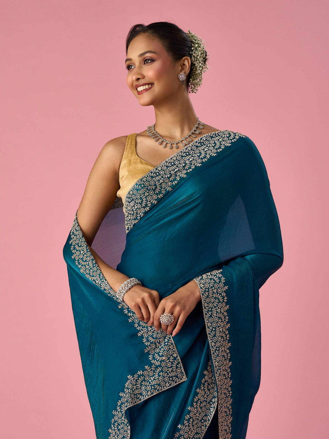 Mohey Women Rama Green Organza Saree with Stone Work
