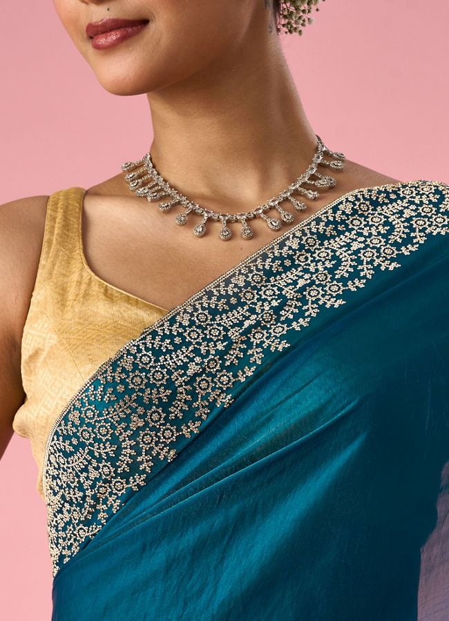 Mohey Women Rama Green Organza Saree with Stone Work