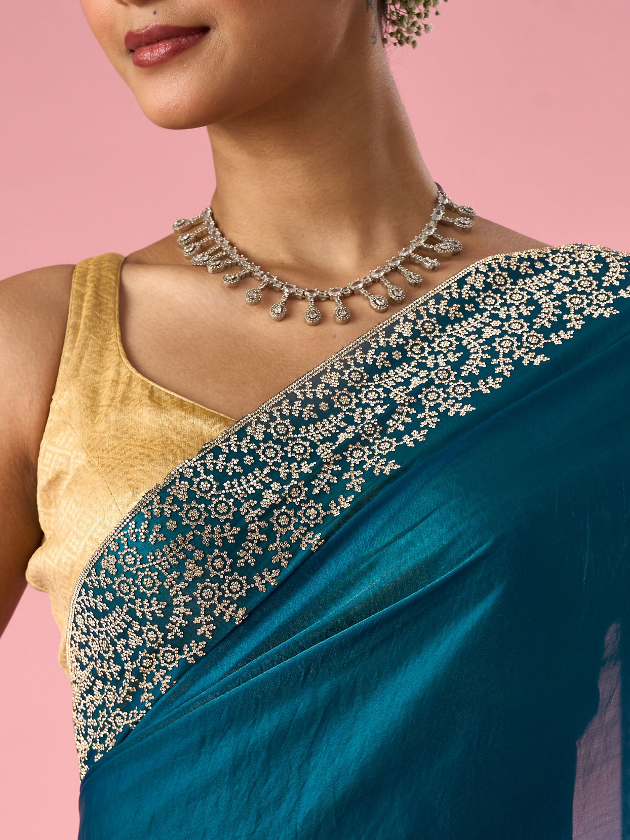 Mohey Women Rama Green Organza Saree with Stone Work