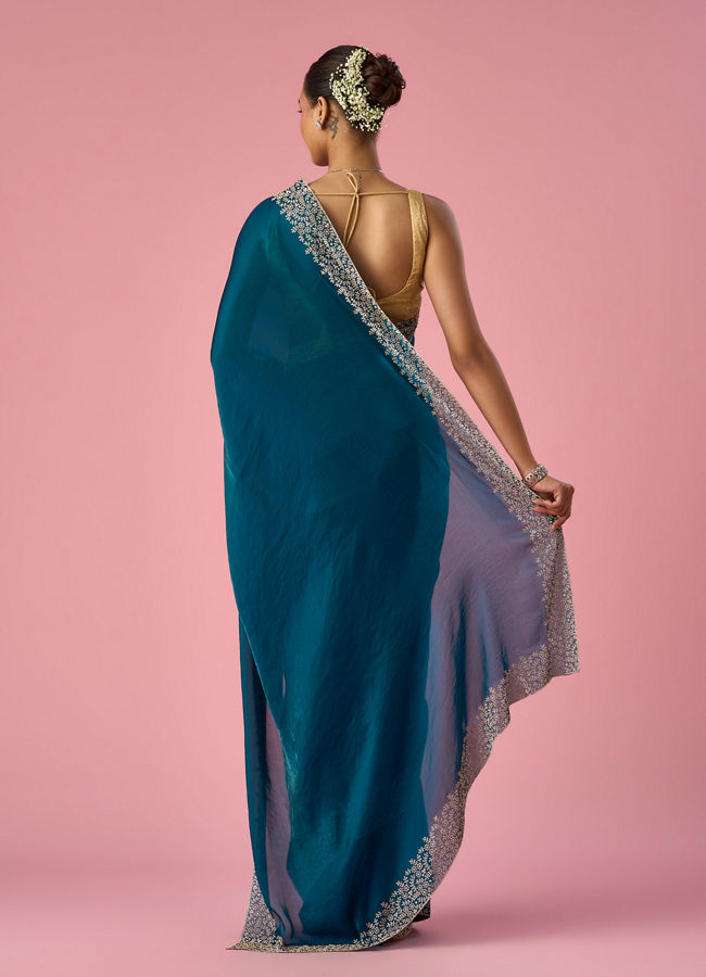 Mohey Women Rama Green Organza Saree with Stone Work