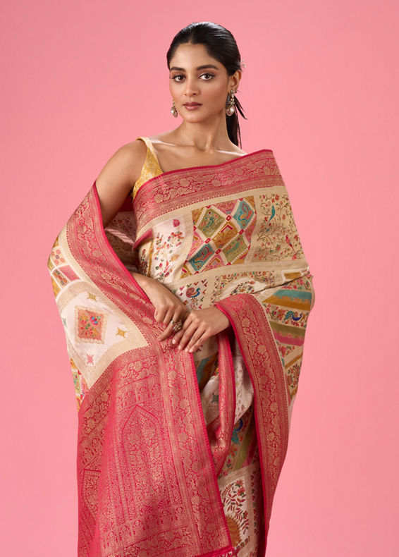 Mohey Women Cream Elegance Banarasi Saree