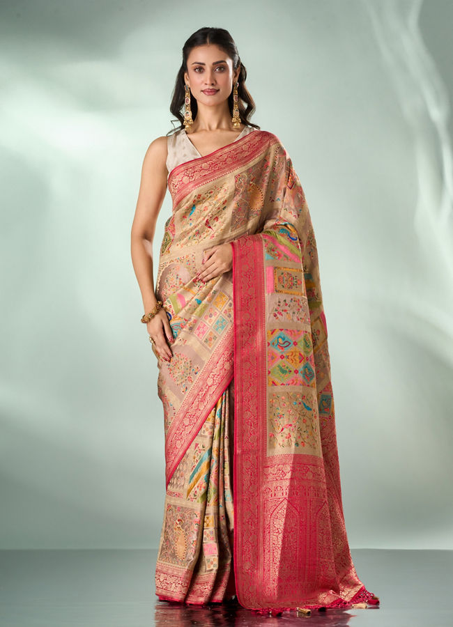 Mohey Women Fawn Art Silk Saree with Weave
