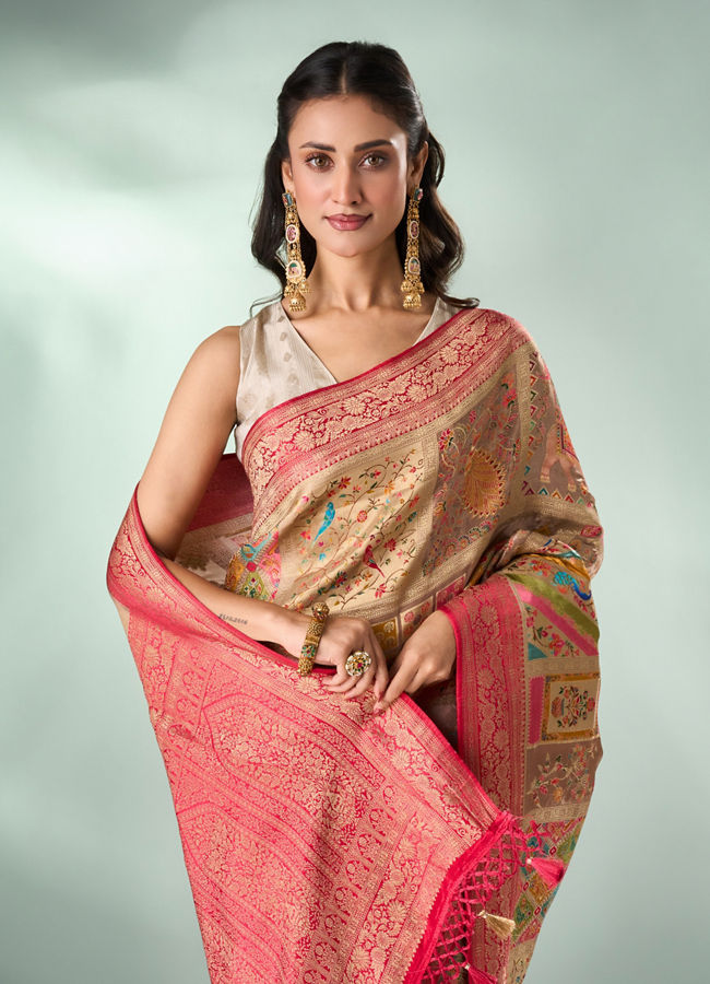 Mohey Women Fawn Art Silk Saree with Weave