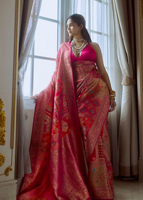 Mohey Women Pink Silk Banarasi Saree with Weave Design