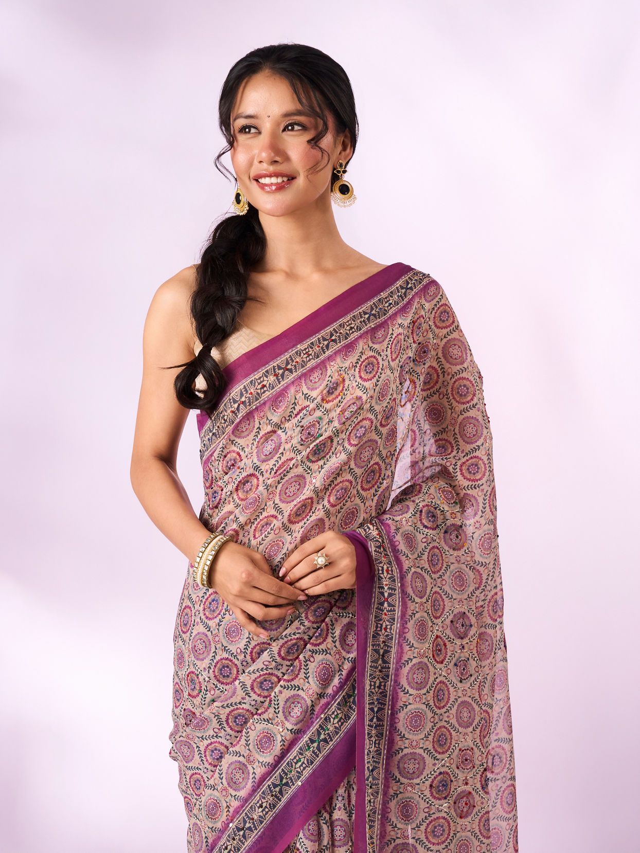 Mohey Women Purple Silk Saree with Sequin and Thread Work