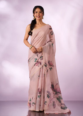 Mohey Women Pink Silk Saree with Print and Sequin Work