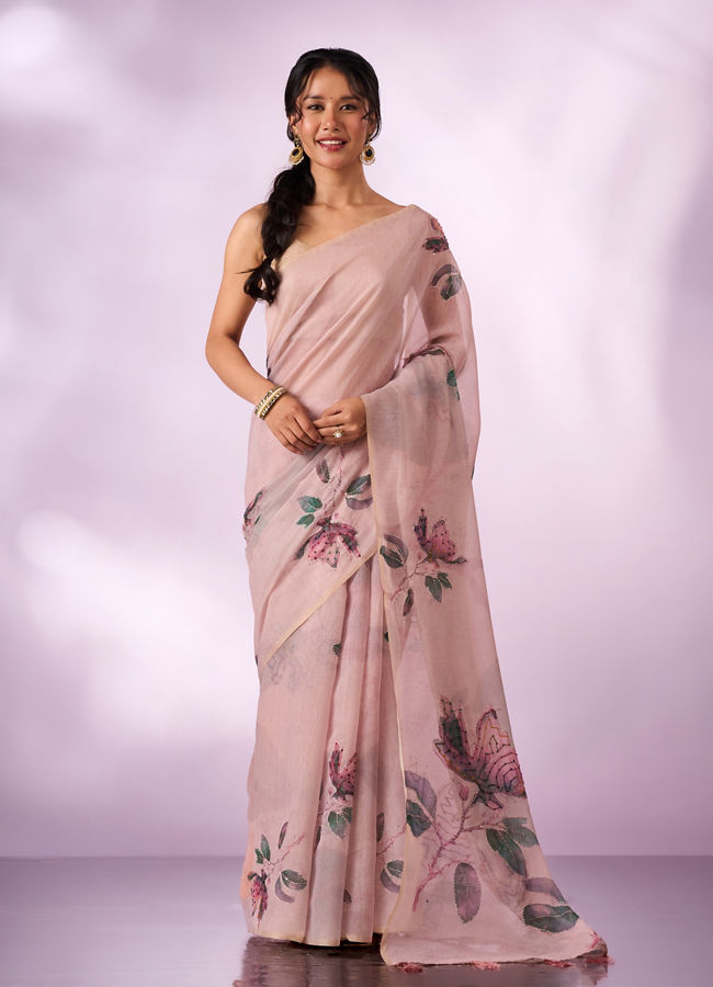 Mohey Women Pink Silk Saree with Print and Sequin Work