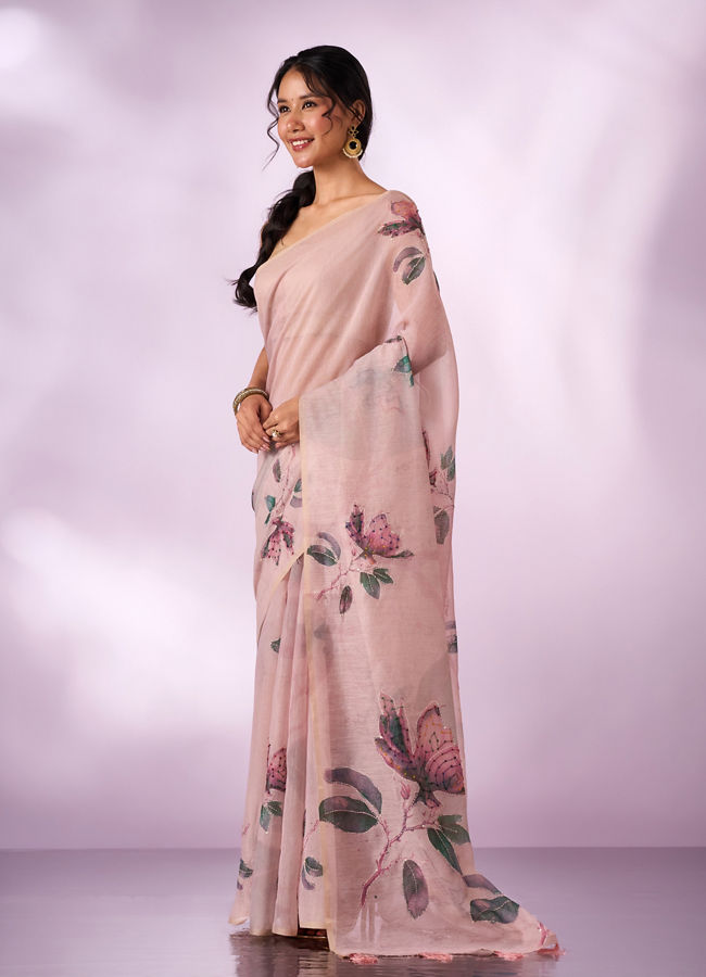 Mohey Women Pink Silk Saree with Print and Sequin Work
