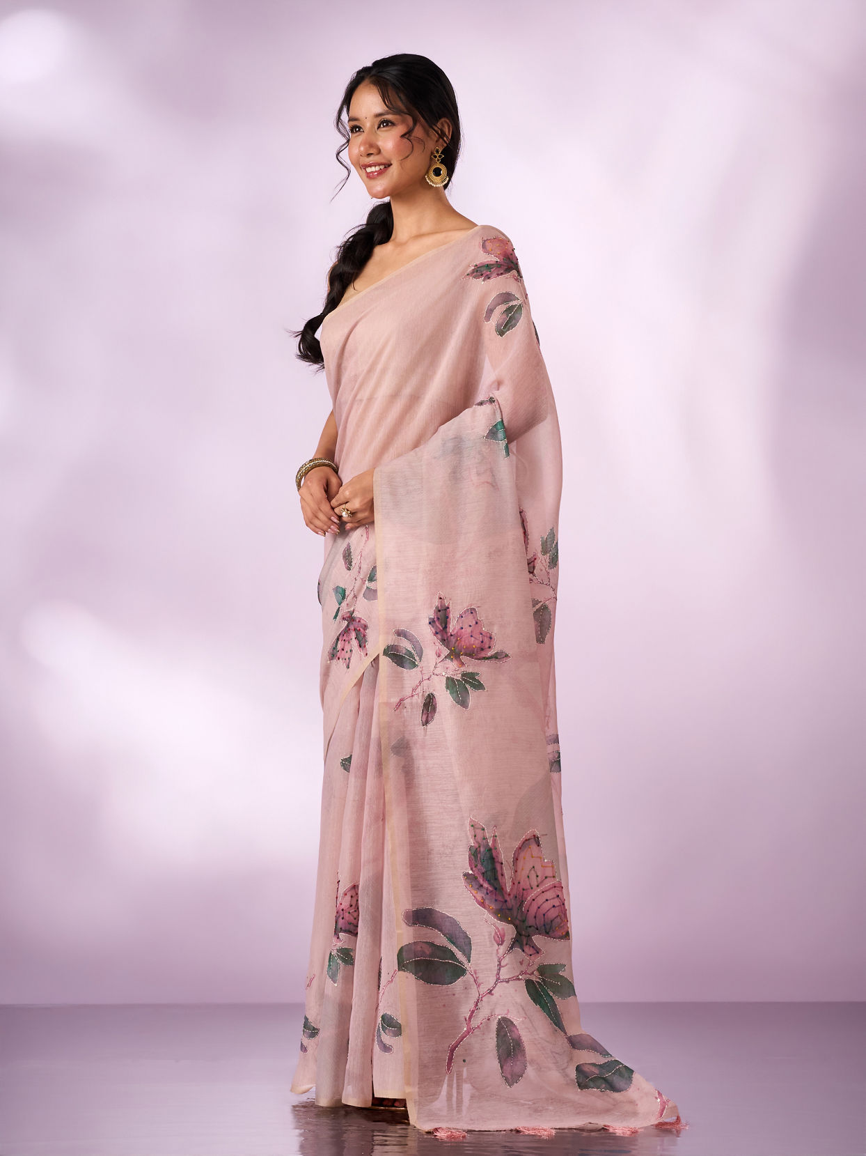 Mohey Women Pink Silk Saree with Print and Sequin Work