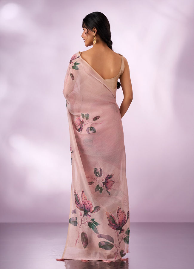 Mohey Women Pink Silk Saree with Print and Sequin Work
