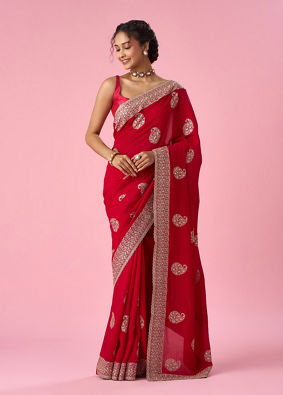 Mohey Women Red Art Silk Saree with Zari Work
