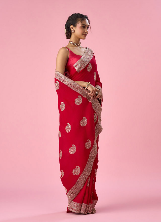 Mohey Women Red Art Silk Saree with Zari Work