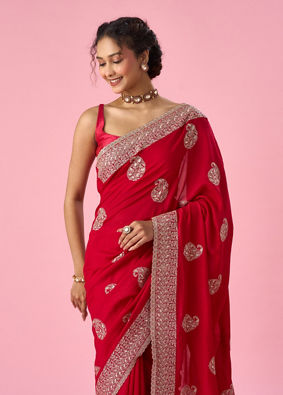 Mohey Women Red Art Silk Saree with Zari Work