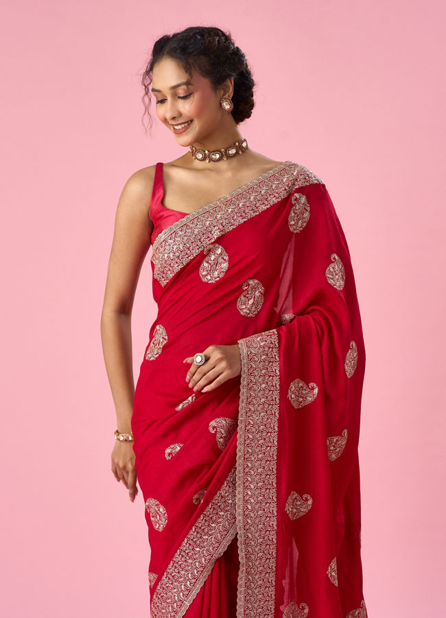 Mohey Women Red Art Silk Saree with Zari Work
