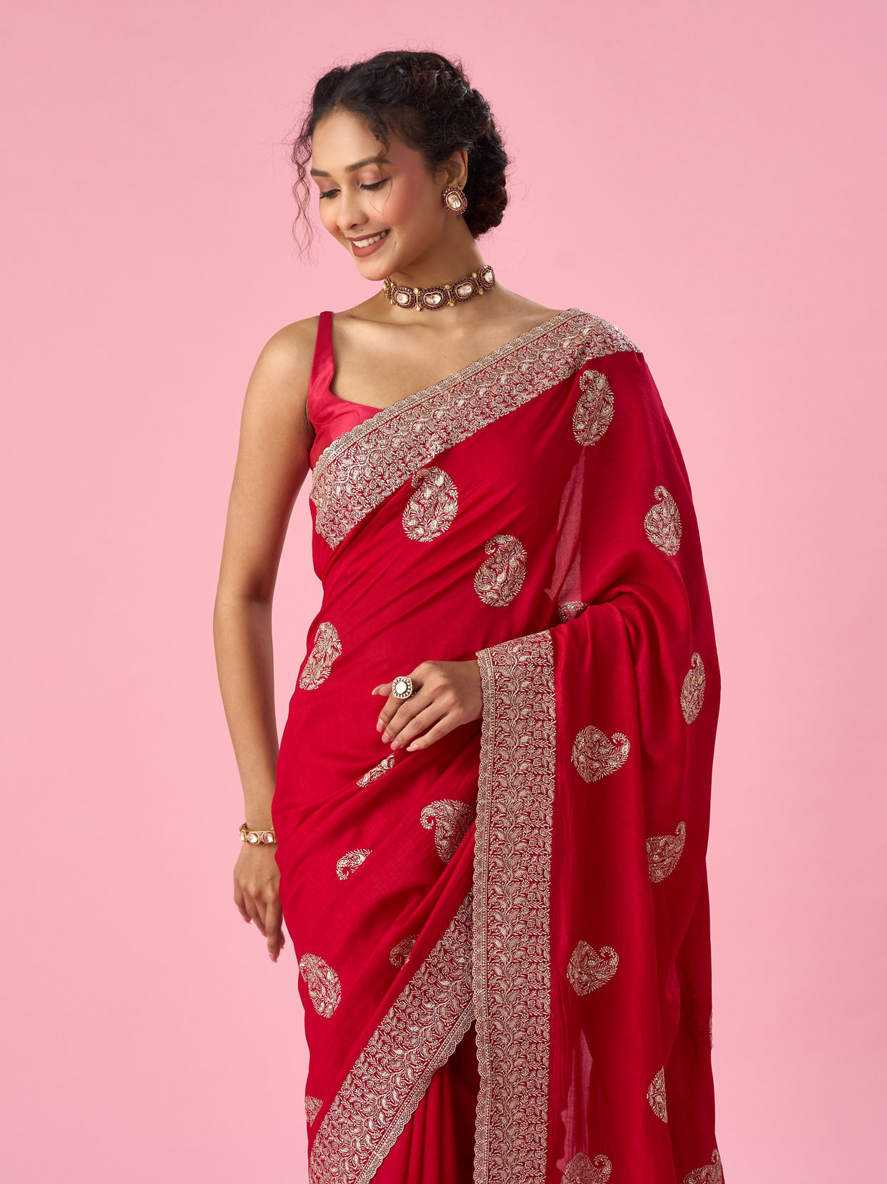 Mohey Women Red Art Silk Saree with Zari Work