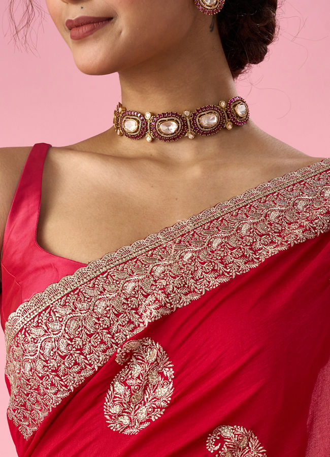Mohey Women Red Art Silk Saree with Zari Work