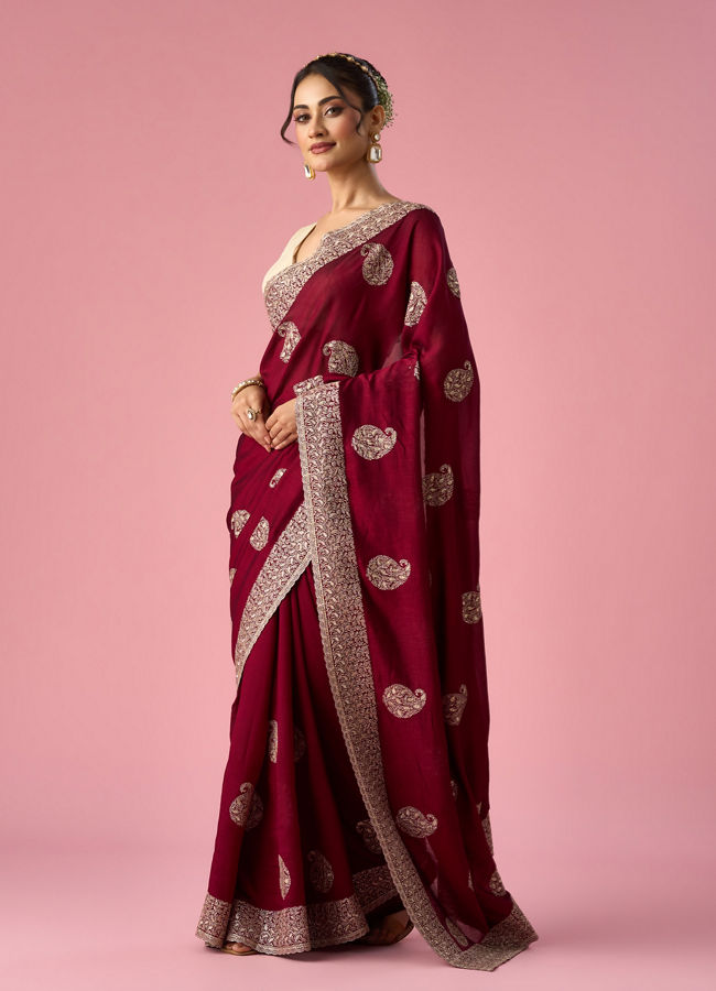 Mohey Women Wine Art Silk Saree with Stone Work