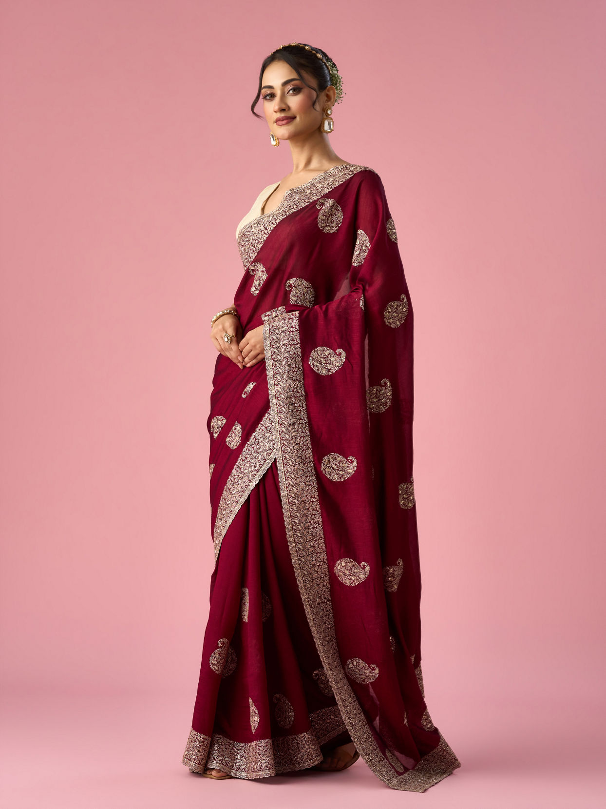 Mohey Women Wine Art Silk Saree with Stone Work