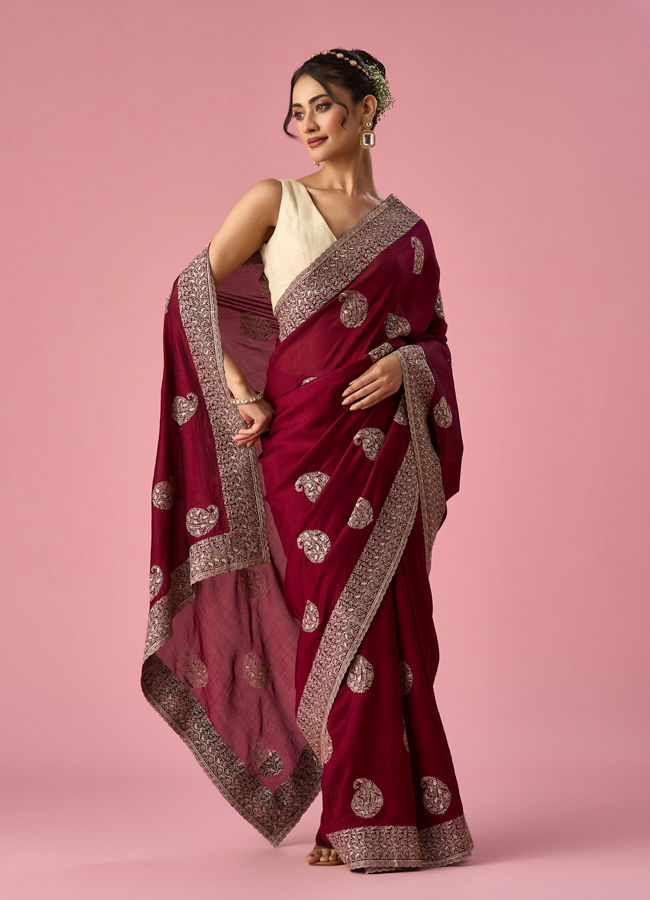 Mohey Women Wine Art Silk Saree with Stone Work