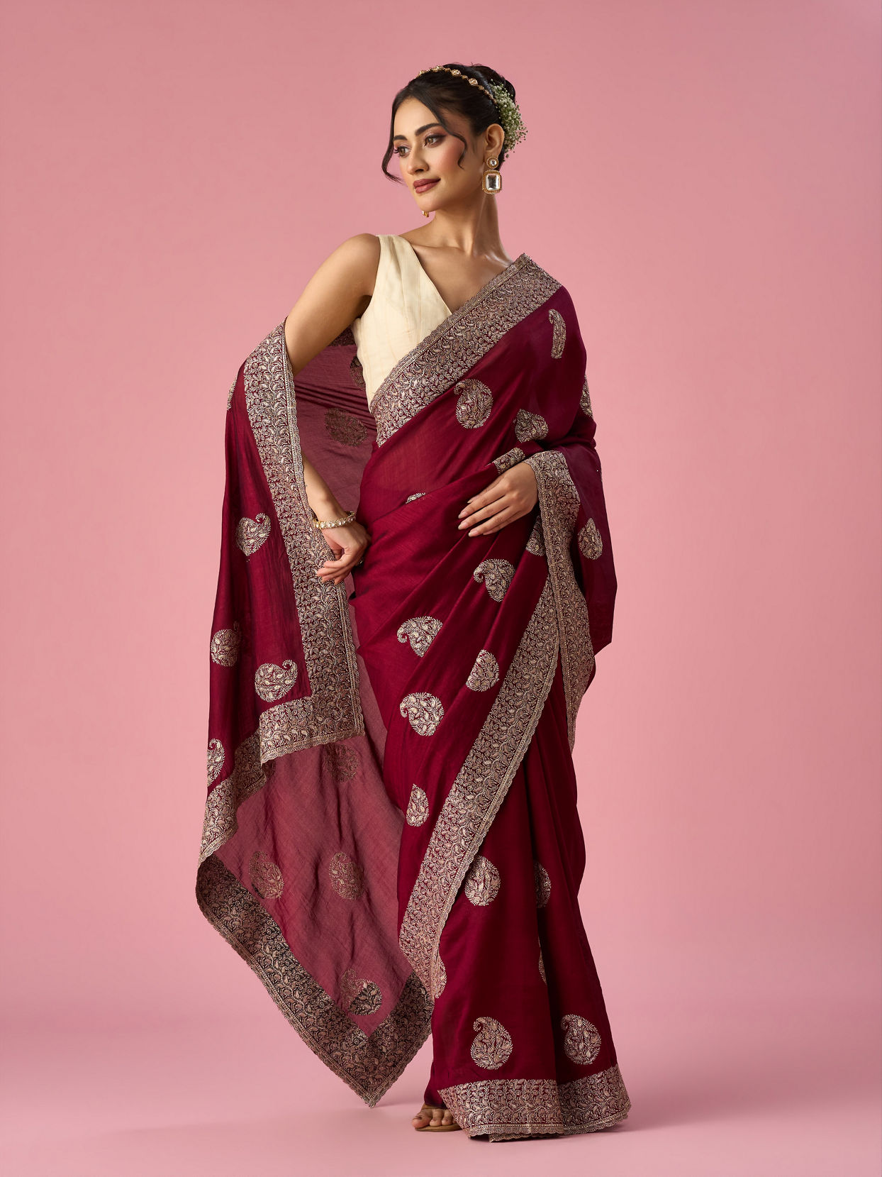 Mohey Women Wine Art Silk Saree with Stone Work
