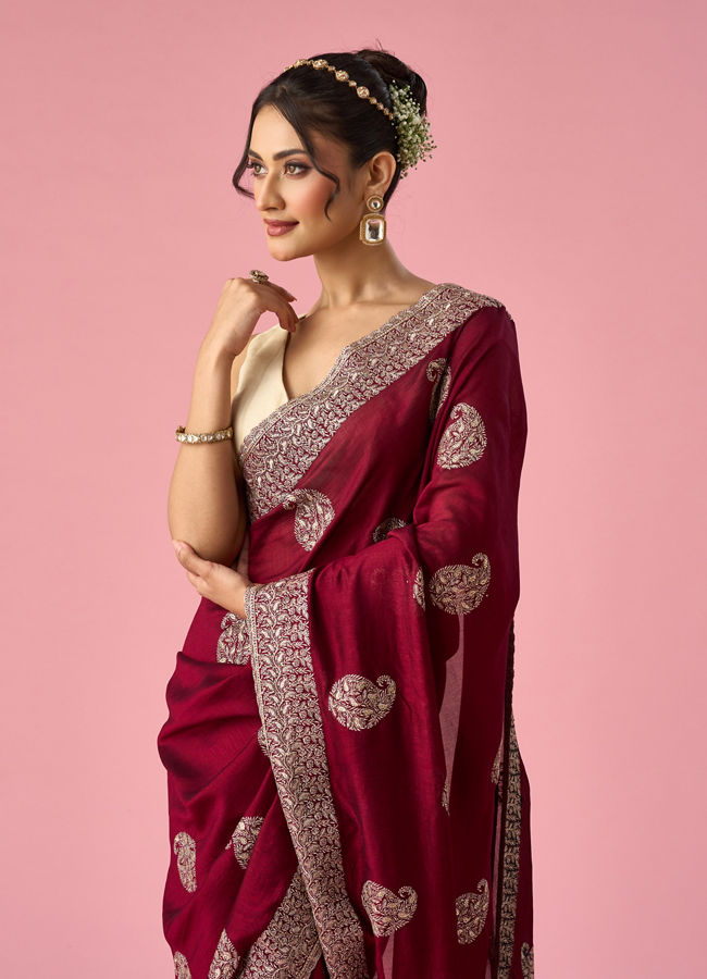 Mohey Women Wine Art Silk Saree with Stone Work