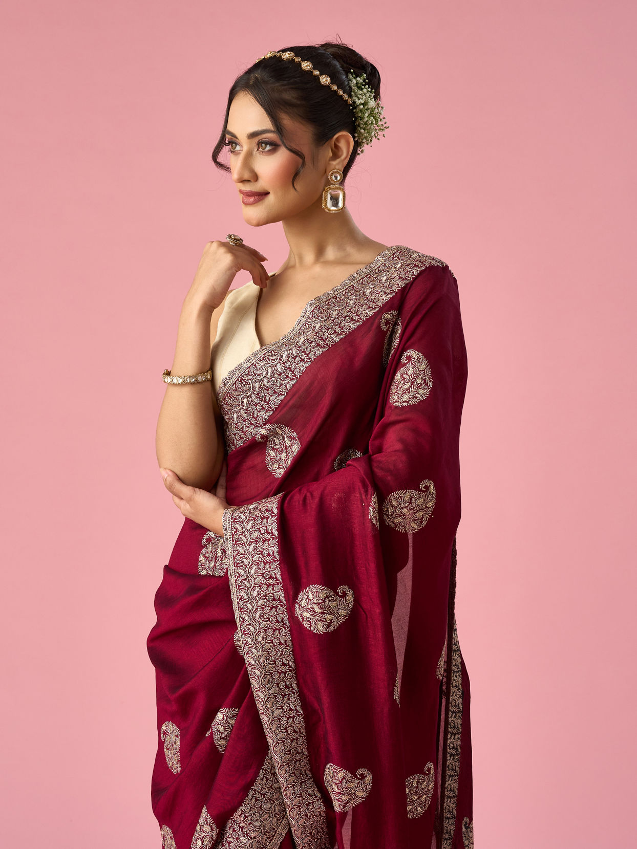 Mohey Women Wine Art Silk Saree with Stone Work