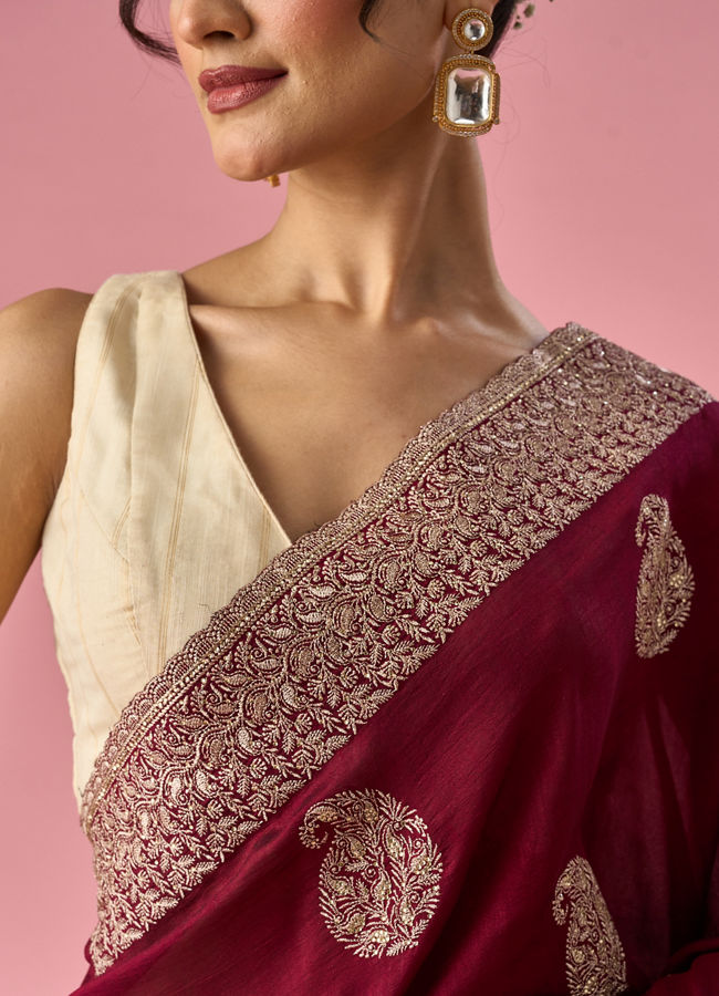 Mohey Women Wine Art Silk Saree with Stone Work