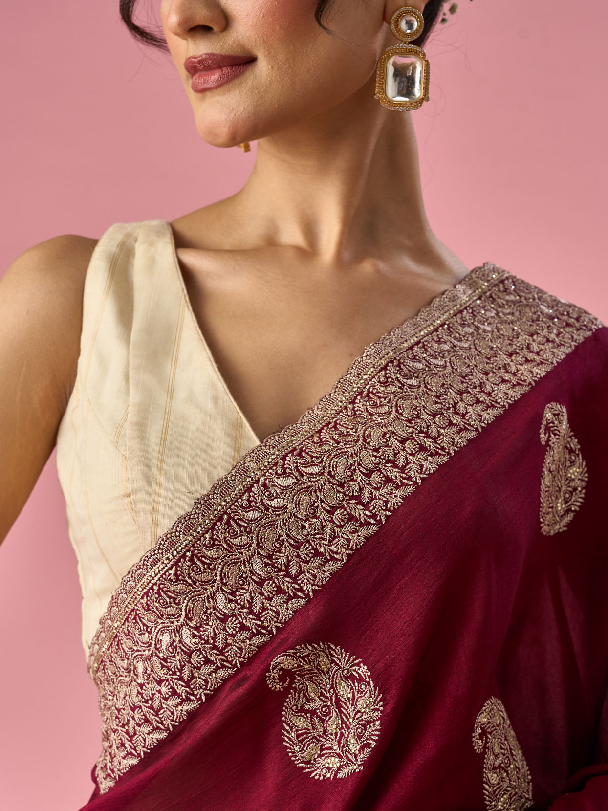 Mohey Women Wine Art Silk Saree with Stone Work