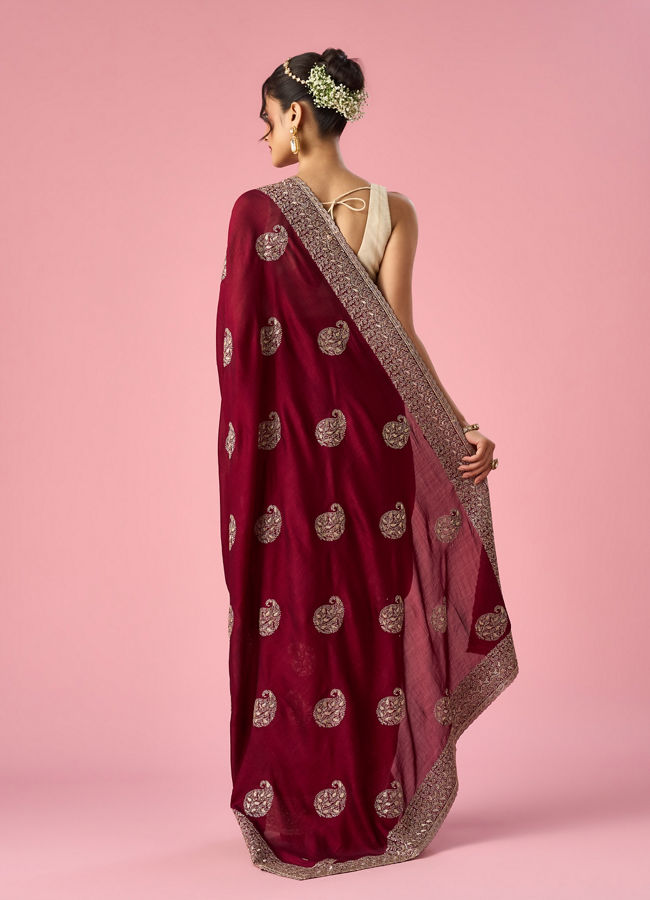 Mohey Women Wine Art Silk Saree with Stone Work
