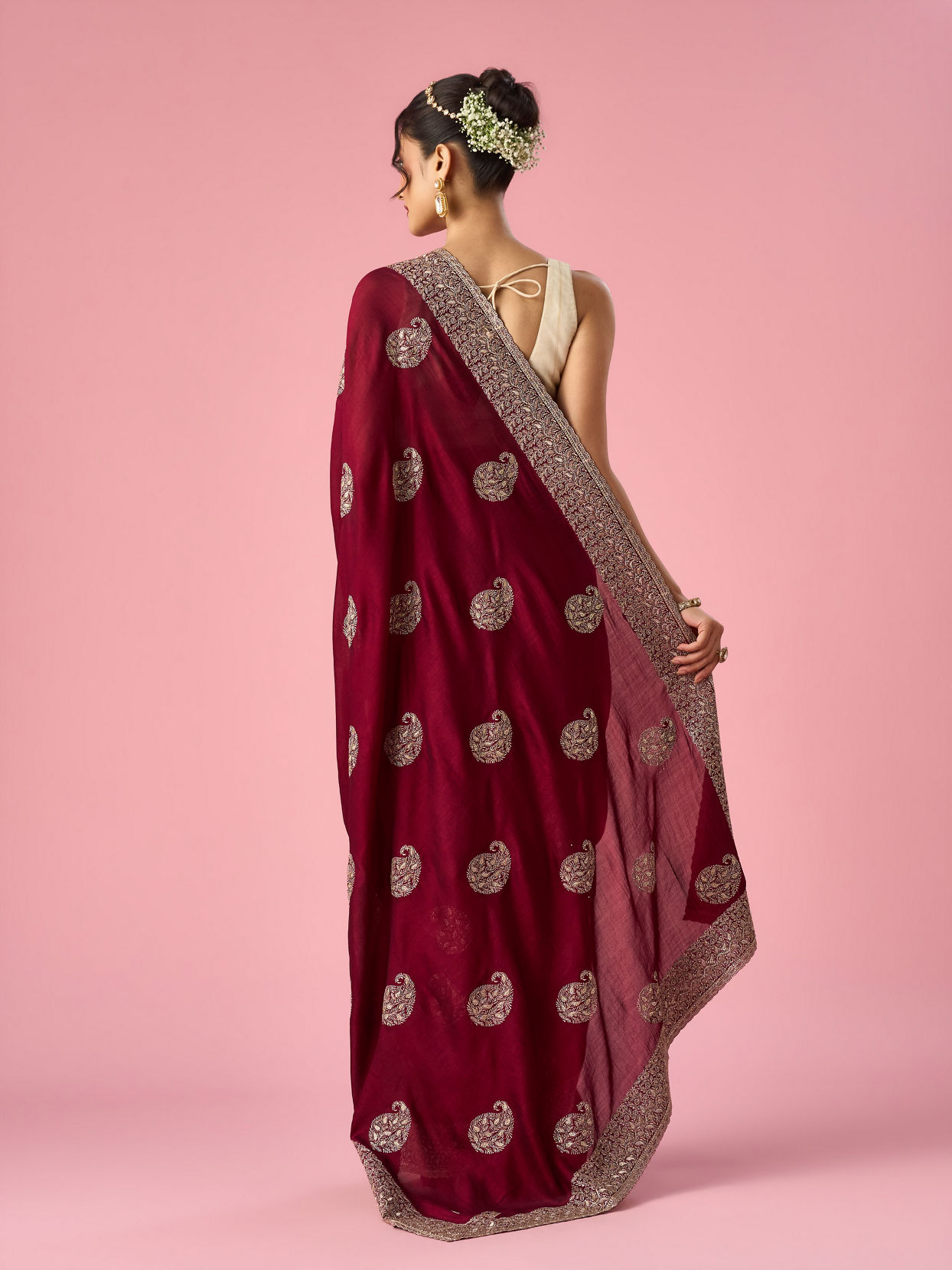 Mohey Women Wine Art Silk Saree with Stone Work