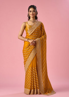 Mohey Women Mustard Yellow Organza Saree with Stone Work