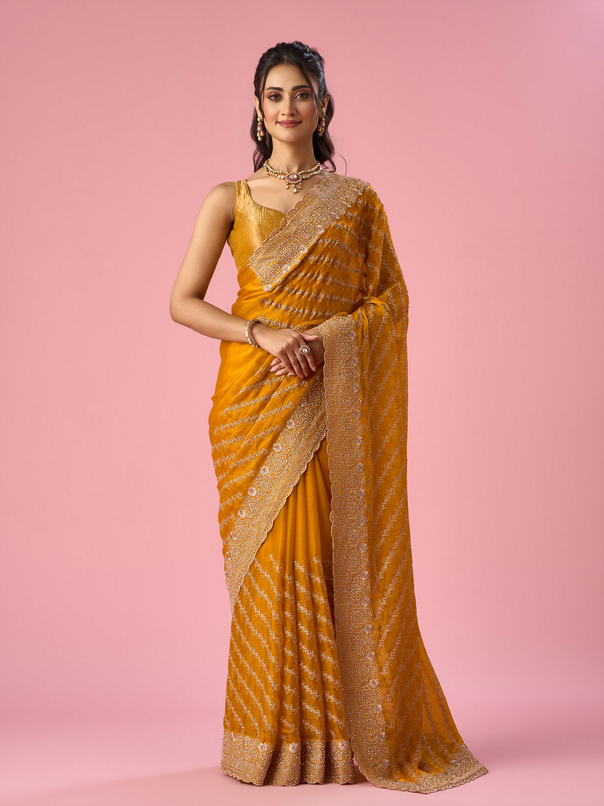 Mohey Women Mustard Yellow Organza Saree with Stone Work