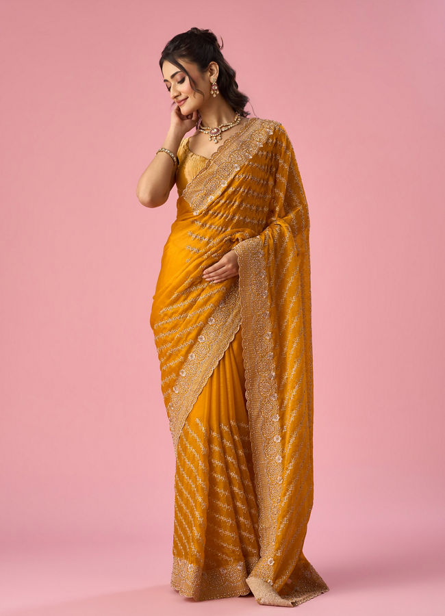 Mohey Women Mustard Yellow Organza Saree with Stone Work