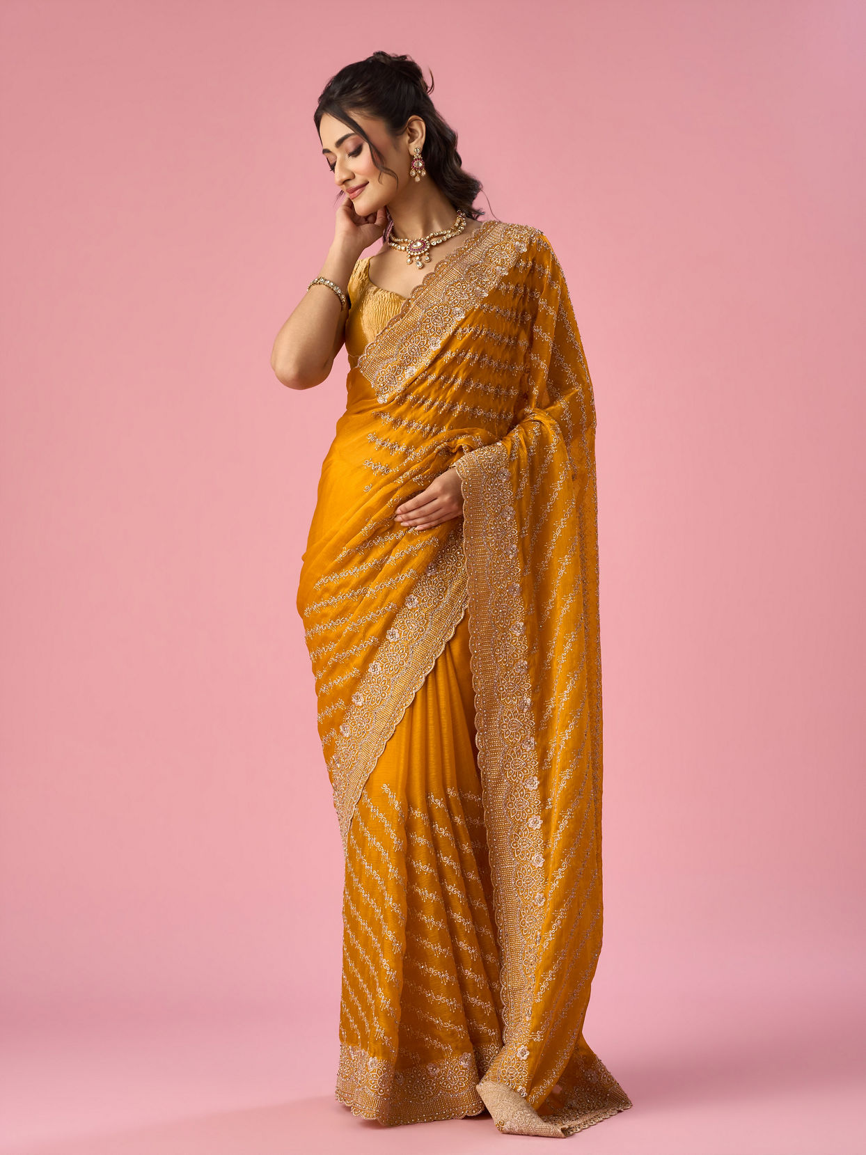 Mohey Women Mustard Yellow Organza Saree with Stone Work