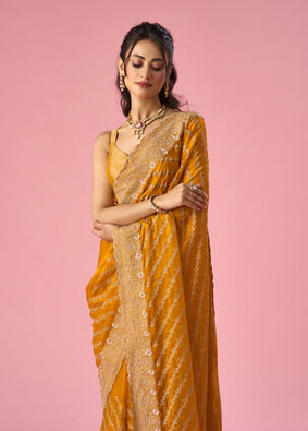Mohey Women Mustard Yellow Organza Saree with Stone Work