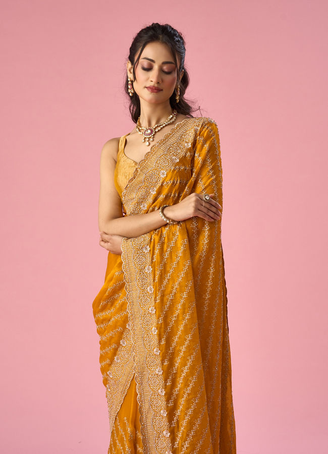 Mohey Women Mustard Yellow Organza Saree with Stone Work