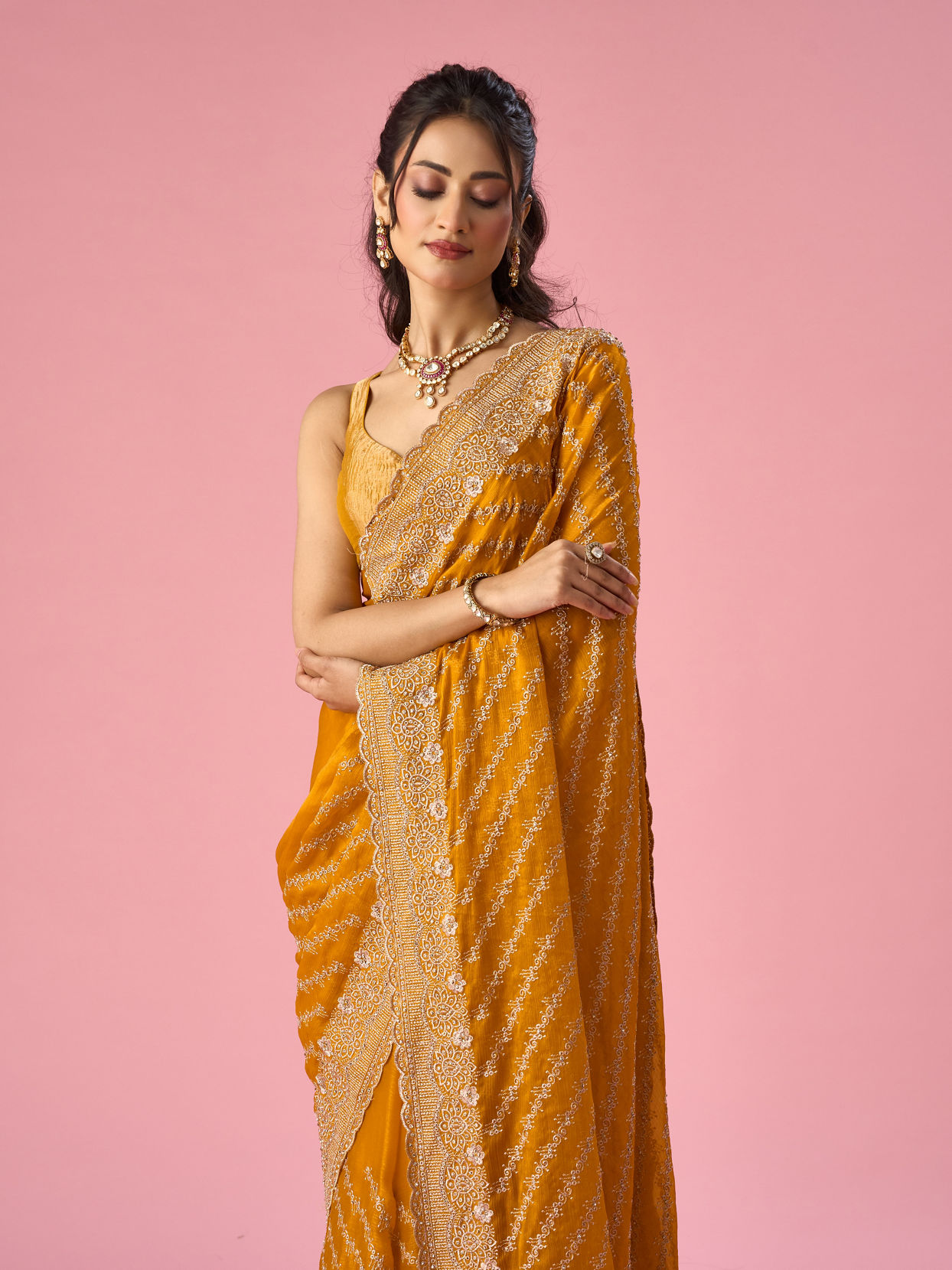 Mohey Women Mustard Yellow Organza Saree with Stone Work